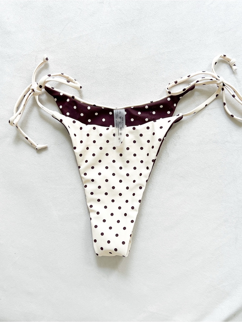 Reversible Polka Dot Tie-Side Bikini Bottoms - White with Brown Dots